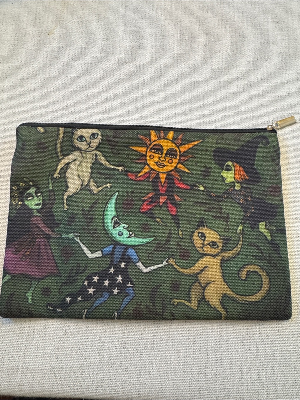 Whimsical Sun & Moon Zodiac Pouch in Olive Green